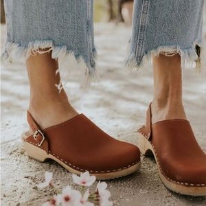 MIA Alma Swedish Leather Wooden Buckle Clogs NWOT